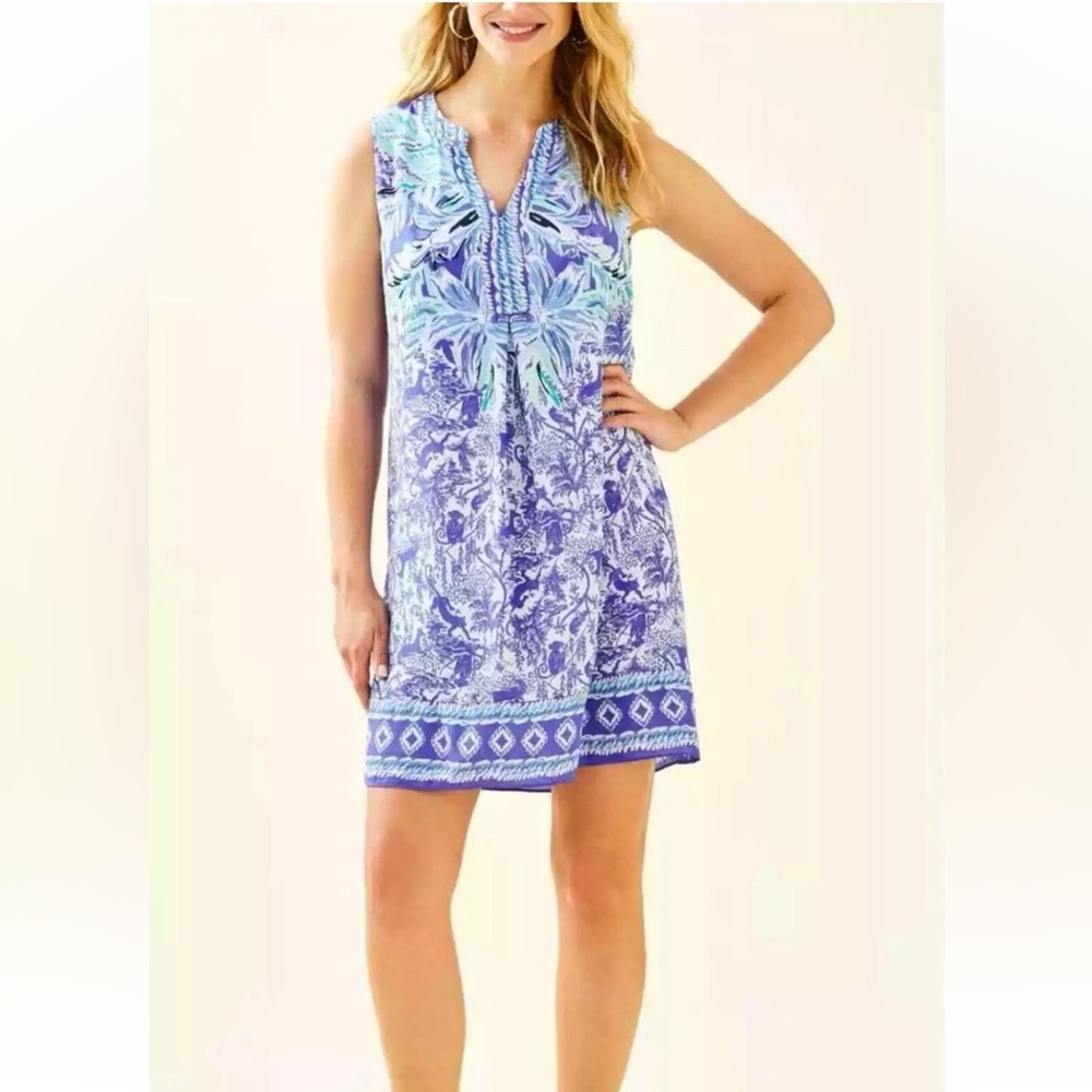Lilly Pulitzer Blue Evah Ready Set Gecko Shift Dress Tropical Toile Jungle Print